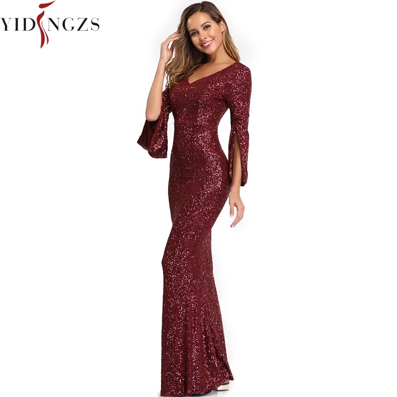 Burgund Evening Dress Long Sleeve YIDINGZS Elegant Mermaid Long Formal Party Dress Robe De Soiree 2019 Burgund Evening Dress Long Sleeve YIDINGZS Elegant Mermaid Long Formal Party Dress Robe De Soiree 2019