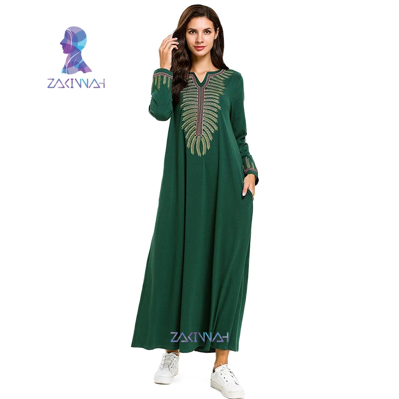 7714 Большие размеры исламское платье Дубайский Восточный халат, абайя модное зеленое платье с вышивкой длинные платья с длинными рукавами