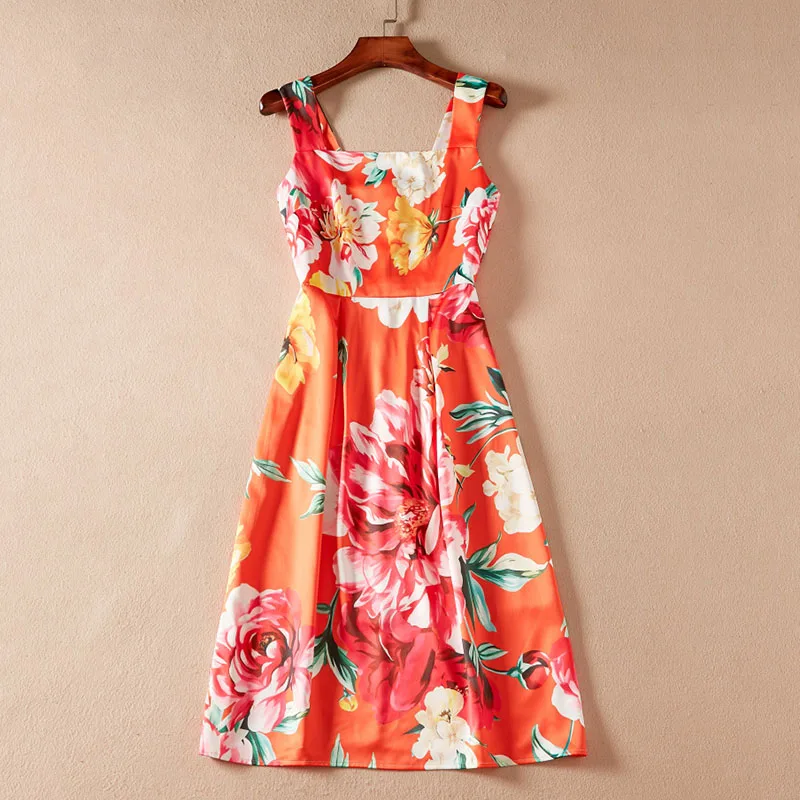 strap dress orange printed sundress 2018 fashion high quality women
