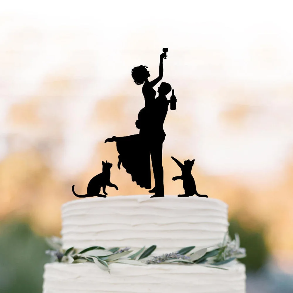 Funny Wedding Cake topper,Drunk Bride with two cats Cake Topper, Bride and Groom Wedding Silhouette cake topper