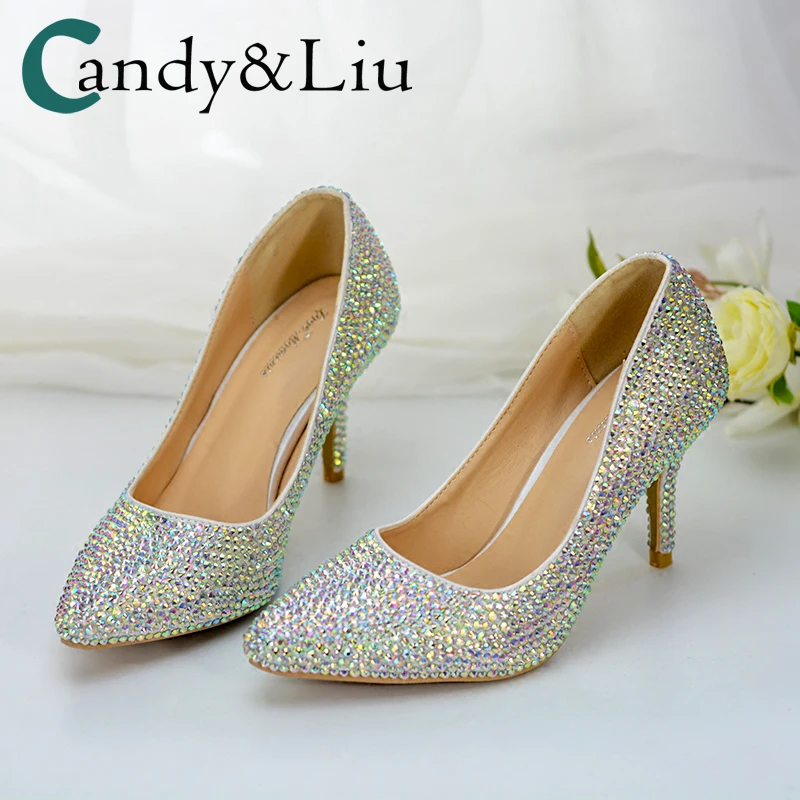 

Rhinestone Shoes Pointed Toe Plus size 46 Woman Crystal Pumps Glittering Wedding Heels Banquet Luxury TV Show Program 8cm