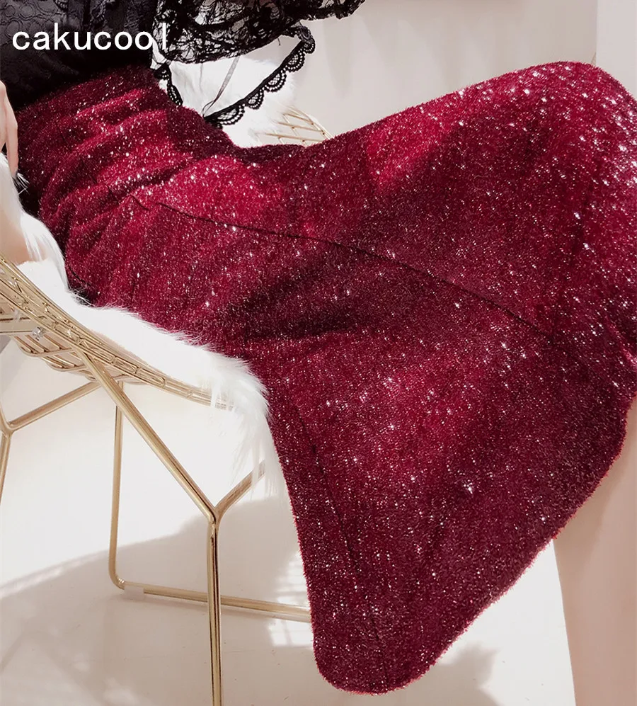 Cakucool, блестящая юбка с люрексом, прямые длинные юбки средней длины, украшенные юбкой русалки, юбка-труба с высокой талией, сексуальная тонкая красная юбка макси черного цвета