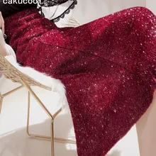 Cakucool, блестящая юбка с люрексом, прямые длинные юбки средней длины, украшенные юбкой русалки, юбка-труба с высокой талией, сексуальная тонкая красная юбка макси черного цвета