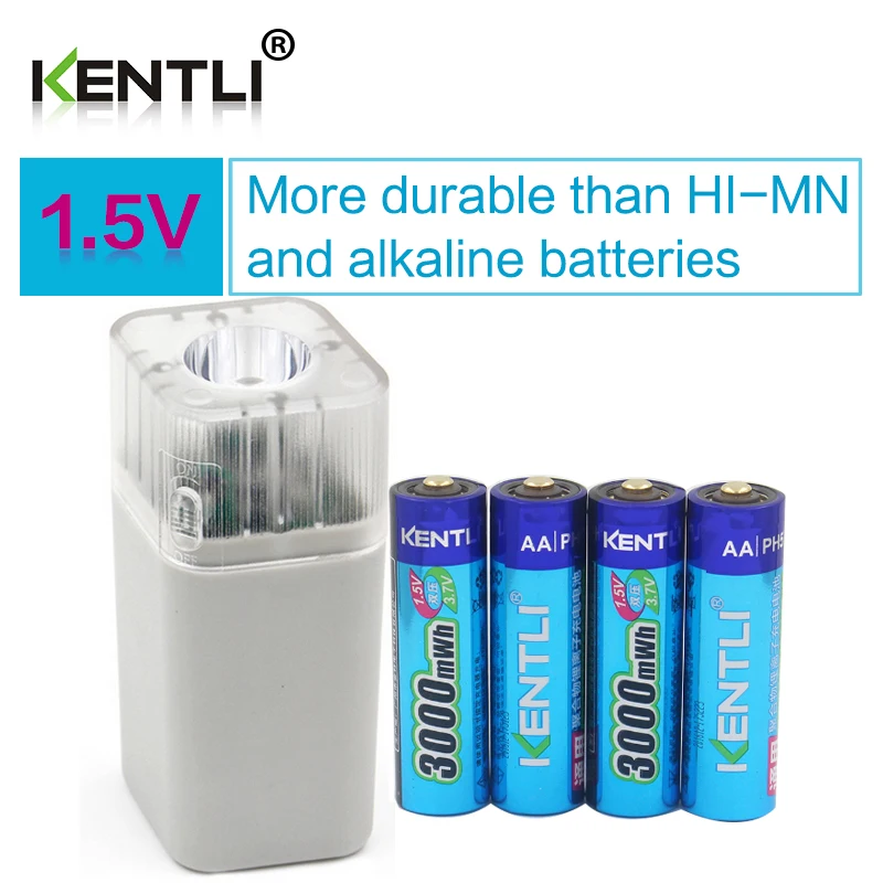 Billige 4 stücke KENTLI 1,5 v 3000mWh Li polymer li ion lithium wiederaufladbare AA batterie batterien + 4 slots Ladegerät mit LED taschenlampe