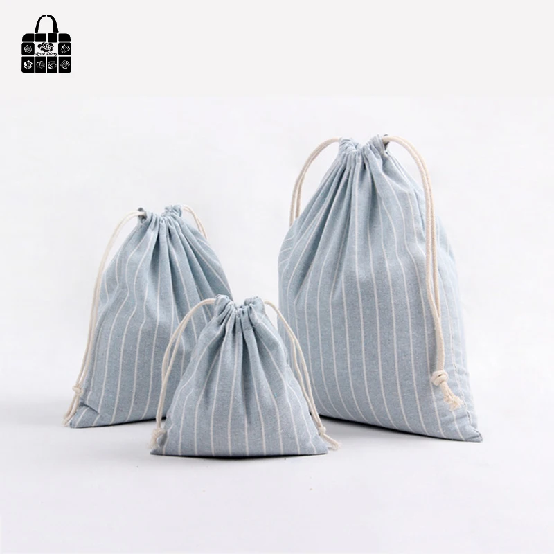 Rose Diary Simple Striped Pocket 100% Cotton Linen Pouch Travel Clothing Bunch Bag Portable Drawstring Pocket Organizers Bag