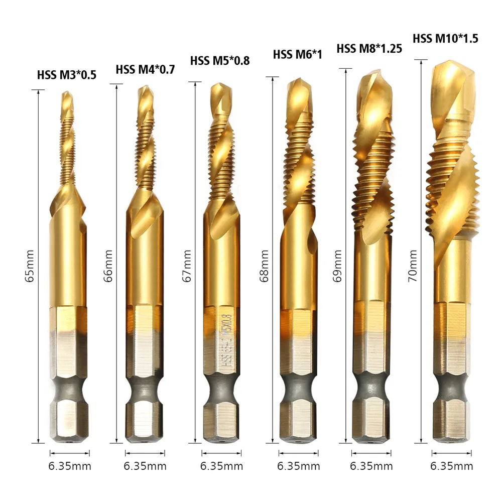 Drillpro 6pcs M3-M10 Combination Drill Tap Bit Set HSS 6542 Titanium Coated Deburr Countersink Bits