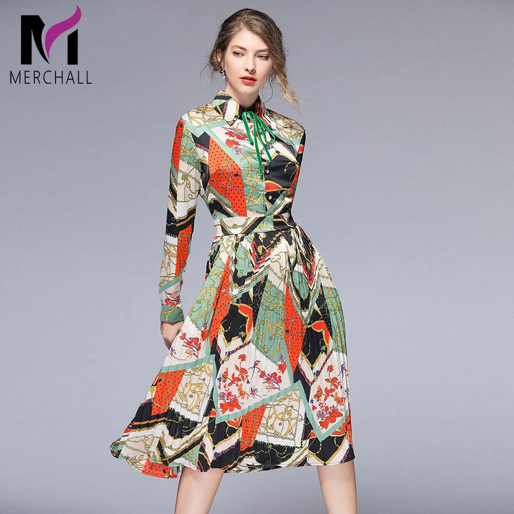 

Elegant Chain Flower Printed Dress Women Vintage Long Sleeve Bow Tie Turn Down Collar Chiffon Dress Casual Pleated Dress 5796