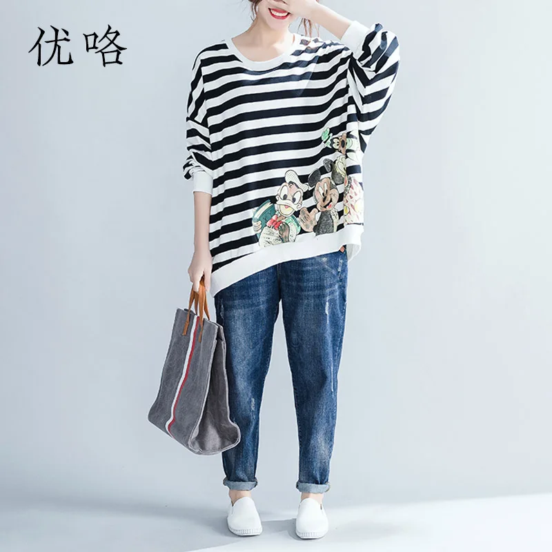 

2018 Autumn Winter Oversized Hoodie Women Plus Size Cotton Cartoon Printed Striped Hoodies Kawaii Loose Sweatshirt 4XL 5XL 6XL