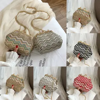 

2019 Newest Hot Women Straw Bag Woven Colorful Wave Round Rattan Handbag Gold Chain Crossbody Messenger Bag Summer Beach Bags