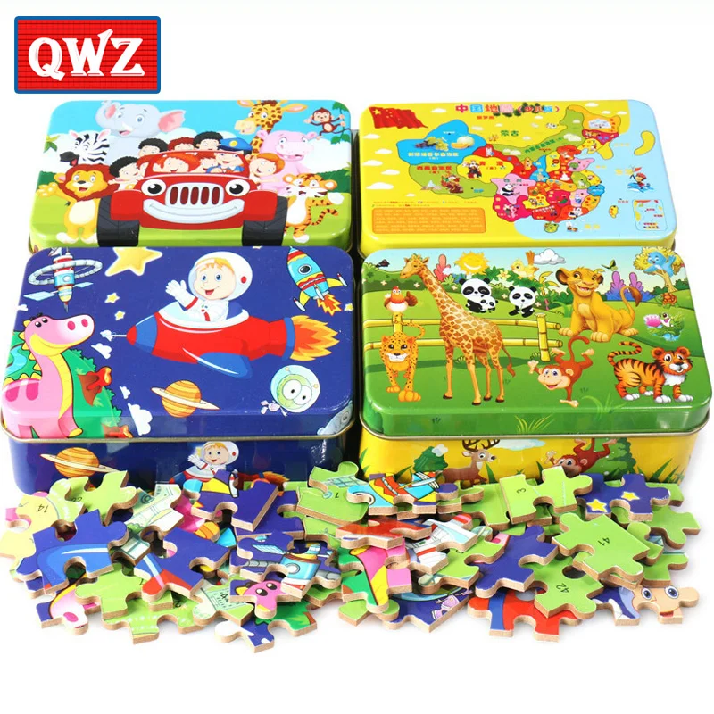 

QWZ 60Pcs 3D DIY Wood Jigsaw Educational Toy Cute puzzle Iron box Cartoon Characters Animals Early Learning for Children Gifts