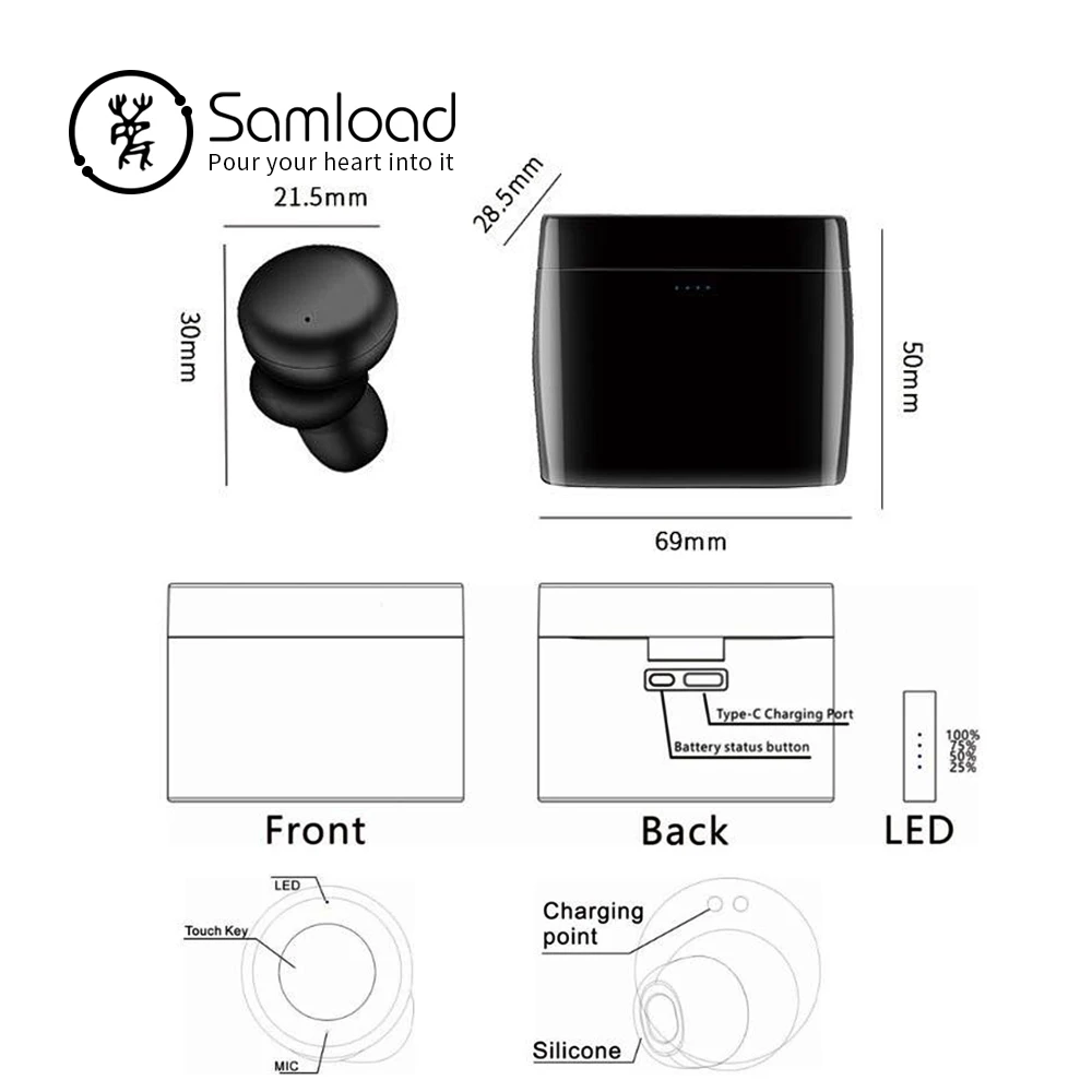 Samload активные наушники с шумоподавлением Беспроводные Hi-Fi наушники Bluetooth 5,0 ANC наушники с зарядным устройством для iPhone
