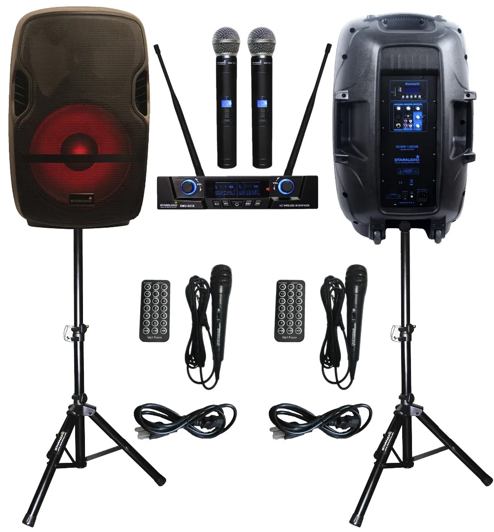 

STARAUDIO 2Pcs 15''2000W PA DJ Stage Karaoke Powered Active Bluetooth Speakers W/ Light Stand 2CH UHF IR Mic System SCSM-15RGB