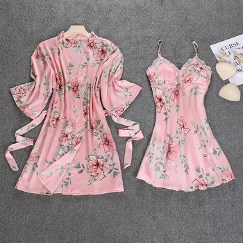 

pink Spring NEW Womens 2pcs Robe Suit Sleepwear Casual Home Wear Pajamas Sexy Strap Nightwear Sleep Kimono Bath Gown Sets