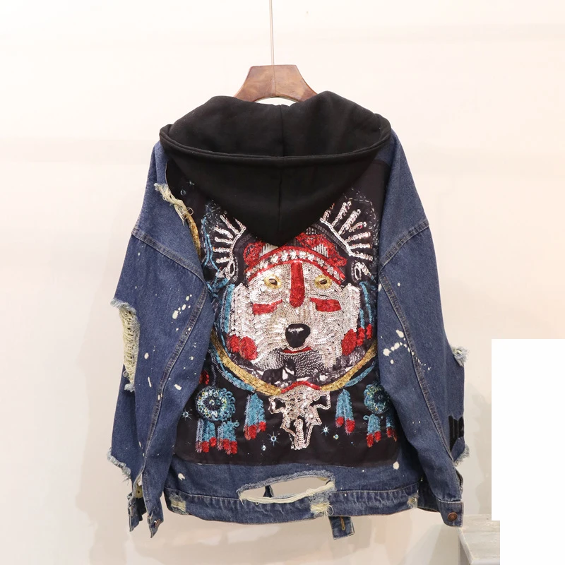 

Handmade Beading Pearl BF Denim Jacket Hip Hop embroidery Harajuku Jean Coat Woman Long Sleeve Hooded Holes Coat