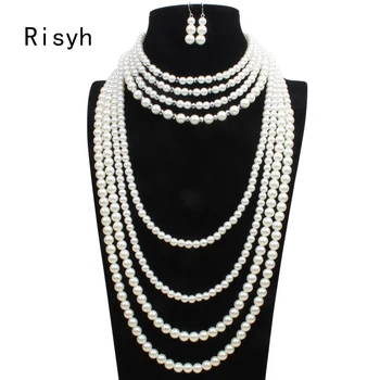 

Risyh Exaggerated multi-layer pearl necklace with crystal temperament long sweater chain
