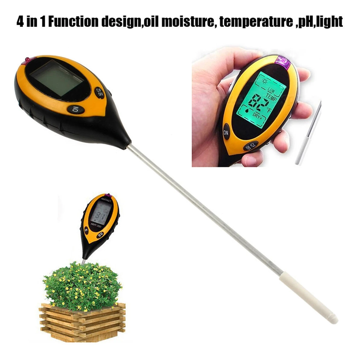 

4 in 1 Soil PH Tester Moisture Sunlight Light Temperature Test Meter for Garden Plant Lawns