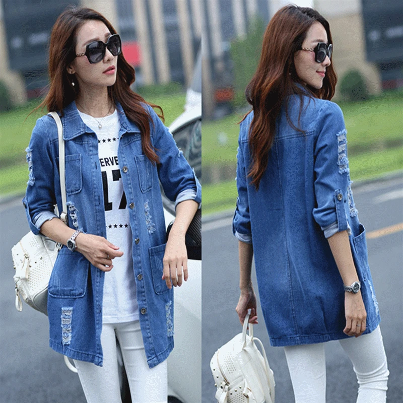 price cut  Bigsweety Basic Long Jeans Coats Women Slim Ripped Denim Jacket Femme Elegant Vintage Frayed Jacket