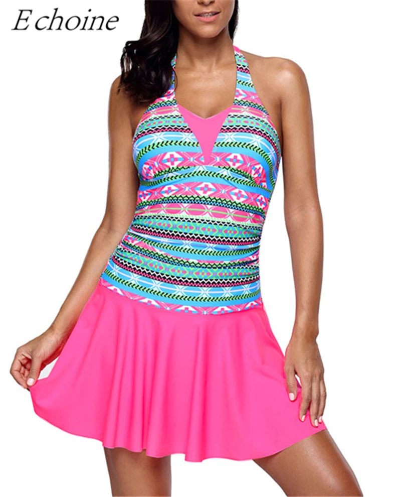 Echoine Aztec Print Pink Halterneck One Piece Swimsuit Dress Padded