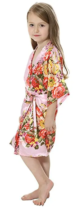Сатиновое кимоно с цветочным рисунком для девочек, нарядный халат для девочек на свадьбу, детский банный халат кимоно для вечеринок, одежда для сна