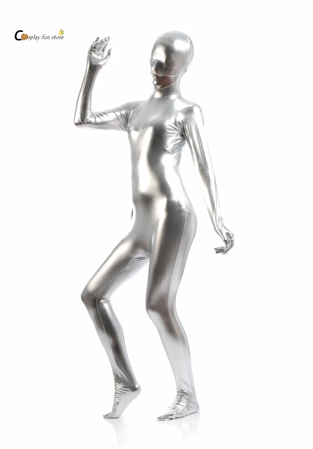 

2018 free ship bodysuit metallic Spandex Shiny Sliver women's Unitard Catsuits Metallic Footed Zipper Zentai Bodysuit Customize