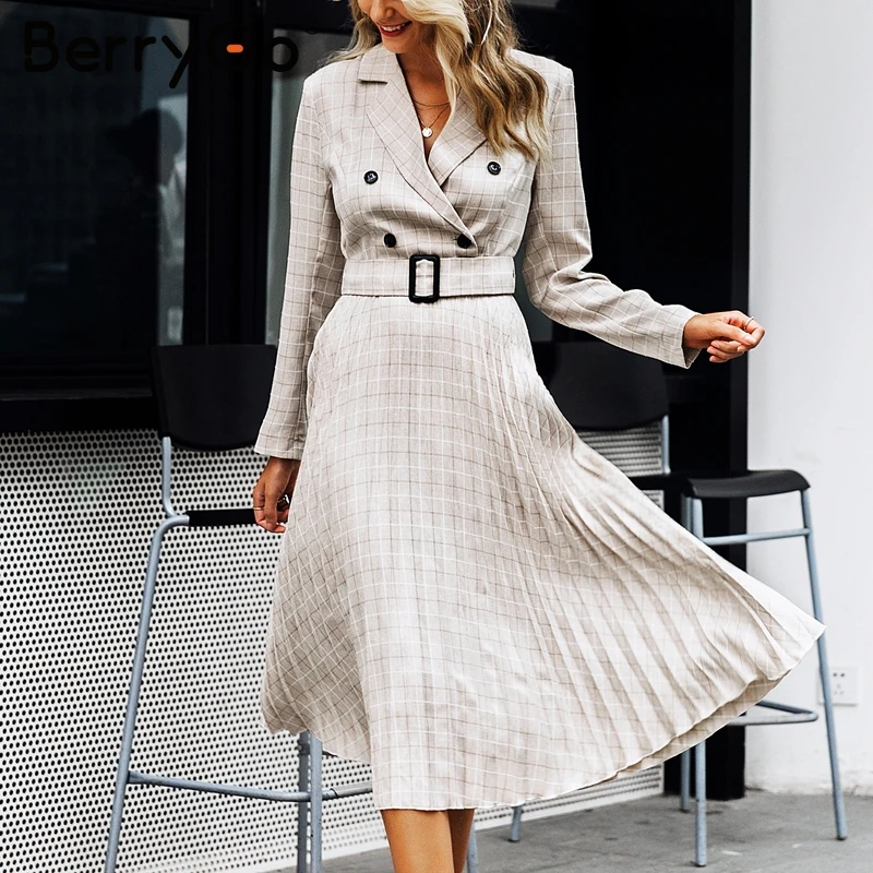 Tanie BerryGo jesienno zimowa damska marynarka sukienki vestidos plisowana, w kratę długa sukienka elegancka biurowa, damska suknia damska z wysokim stanem