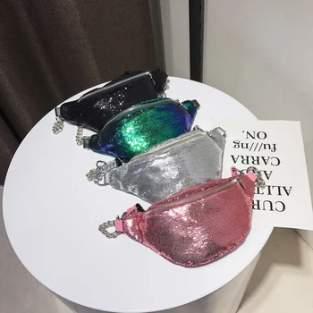 

Chain Holographic Fanny Pack For Women Black Small Bum Waist Bag Mini Phone Fashion 2018 Pochete Coin Purse Sequin Bag 50Z0125