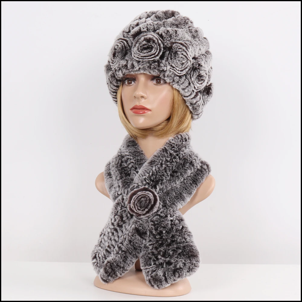 Горячая Распродажа женские 100% шапки из натурального меха наборы шарфов женские зимние вязаные Настоящий мех кролика шапки муфельные 2 шт