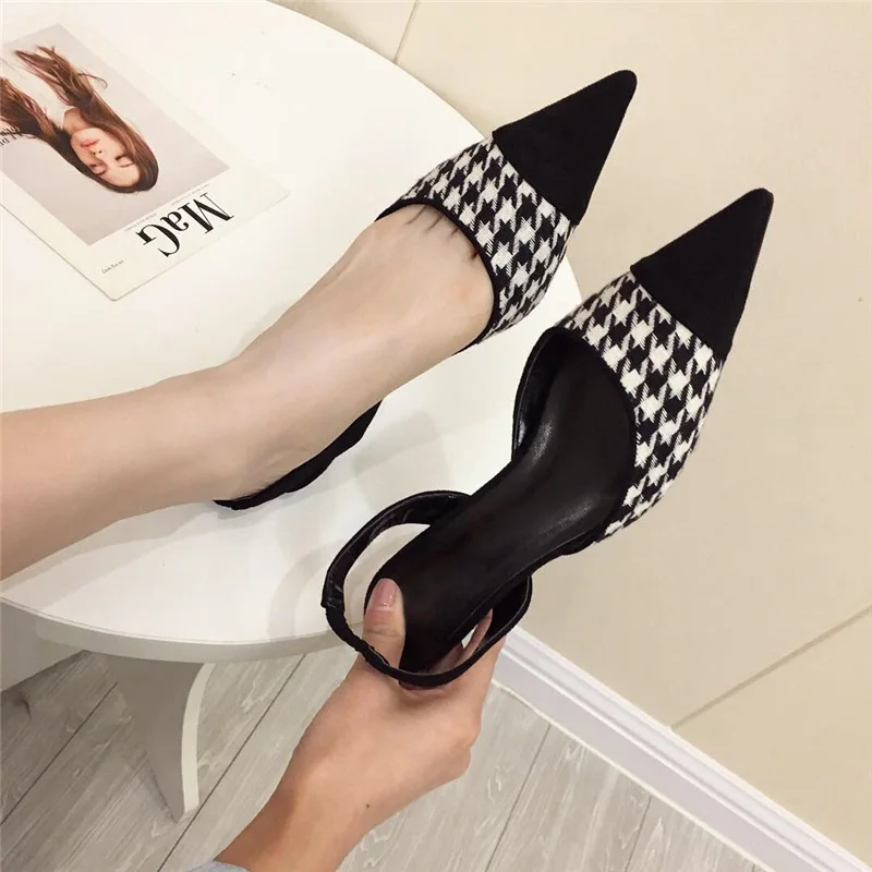 

2019 Spring Summer Women High Heels Shoes Ladies Fashion Houndstooth Pumps Pointed Toe Women Slip On Sandals A978