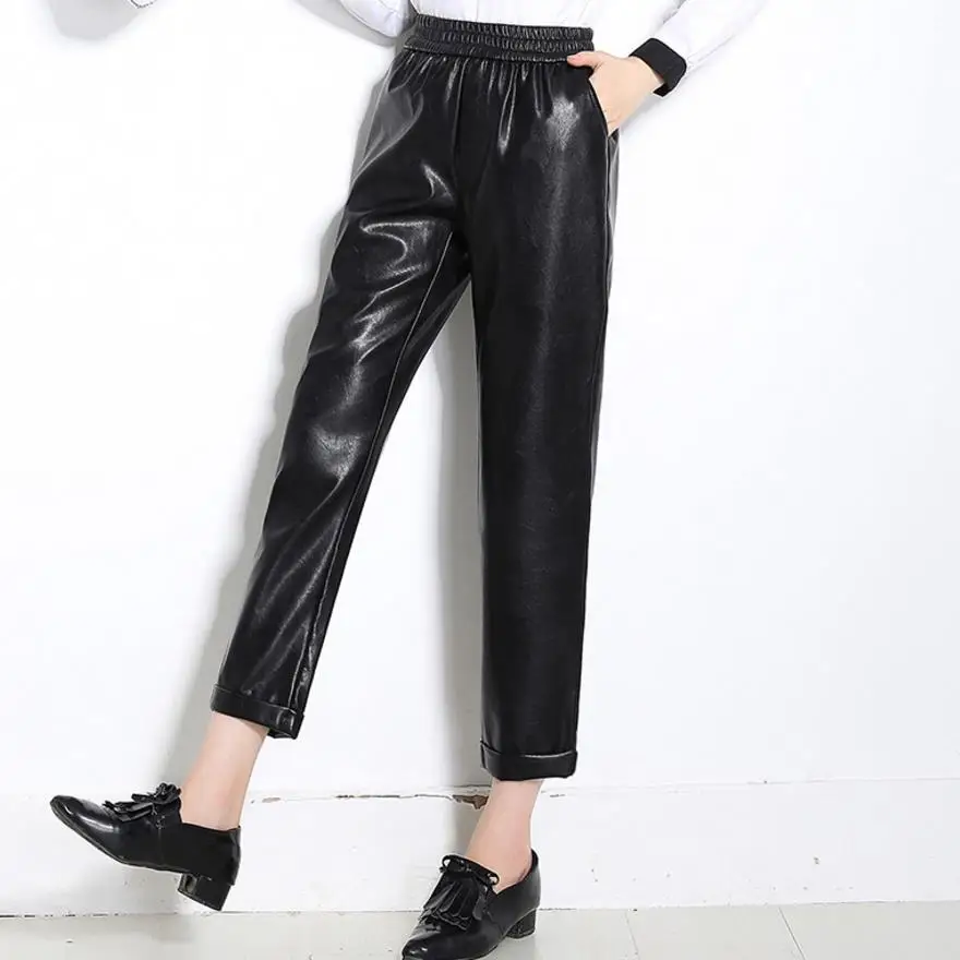 Новые женские брюки из искусственной кожи, теплые утолщенные штаны с эластичной резинкой на талии, большие размеры, осенние и зимние женские штаны - Цвет: Черный