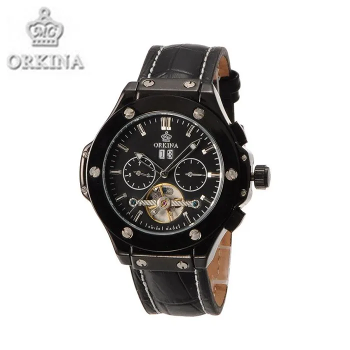 Orkina Watch Luxury Brand Black Leather Mechanical Men s Watches Auto Date Automatic Wrist Watch with