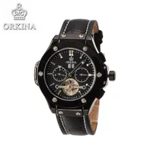 Orkina Watch Luxury Brand Black Leather Mechanical Men’s Watches Auto Date Automatic Wrist Watch with Box