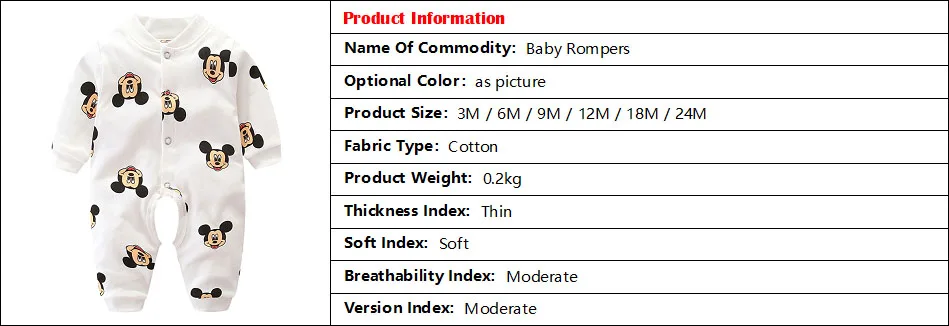 Одежда для новорожденных; детские комбинезоны с Микки Маусом; одежда с длинными рукавами для маленьких девочек; сезон весна-лето; комбинезоны для маленьких мальчиков с принтом; костюм для младенцев
