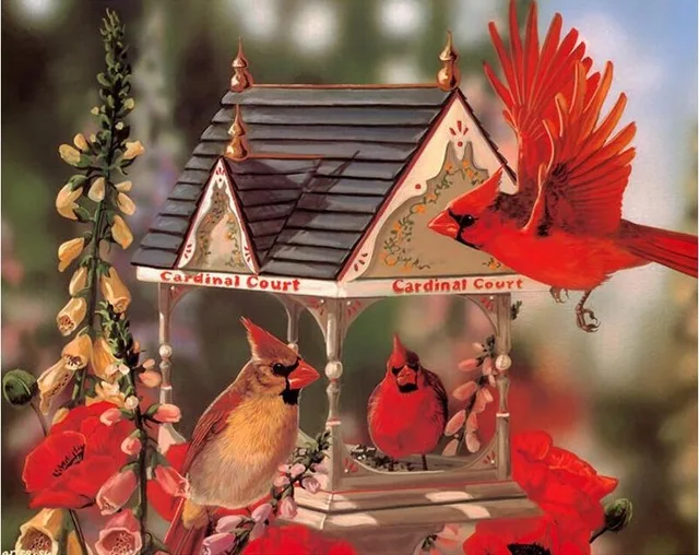 

5D Diamond Painting Cardinals Bird House full Square Embroidery Cross-Stitch round Needlework Wall Sticker Decor h456