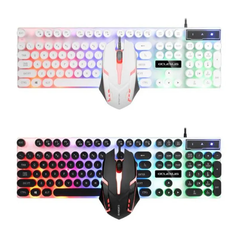 Gaming Keyboard Retro Round Glowing Backlit 3-Color LED USB Wired Waterproof  Colorful Gaming woking Keyboard mouse kits