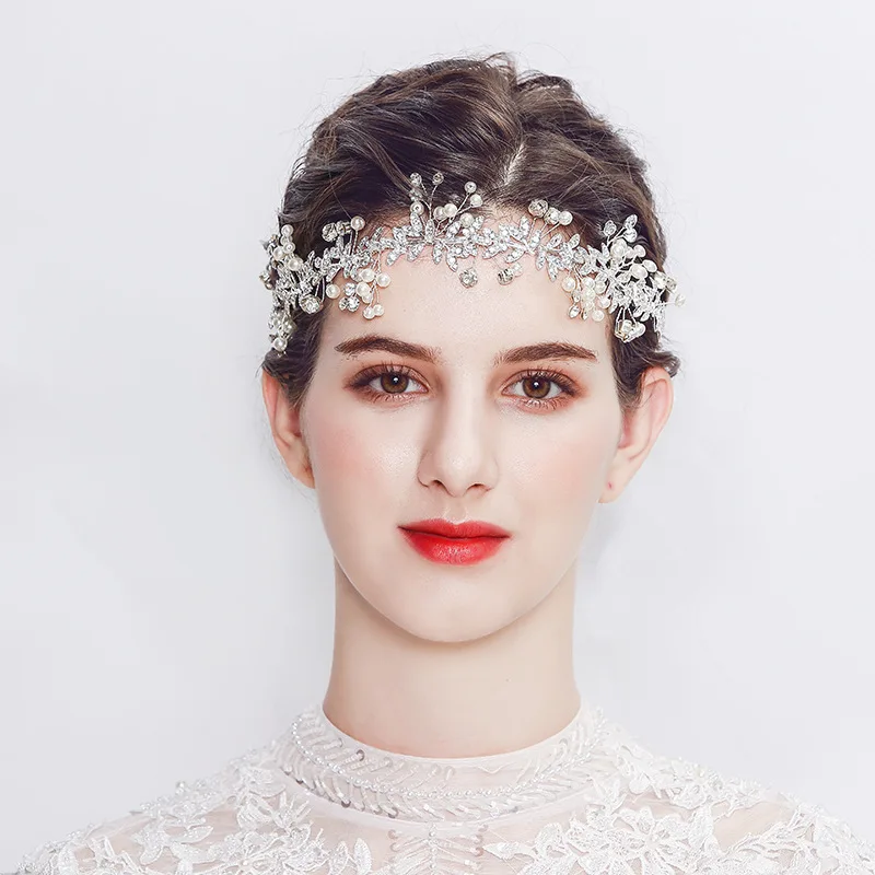 Модная жемчужная Серебряная Свадебная повязка на голову, аксессуары для волос, свадебная диадема из кристаллов, диадема, повязка на голову, вечерние украшения для волос невесты