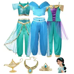 Фильм Алладин косплей принцесса костюм жасмин для девочек Необычные Жасмин топы и брюки комплект одежды ребенок арабский танец живота