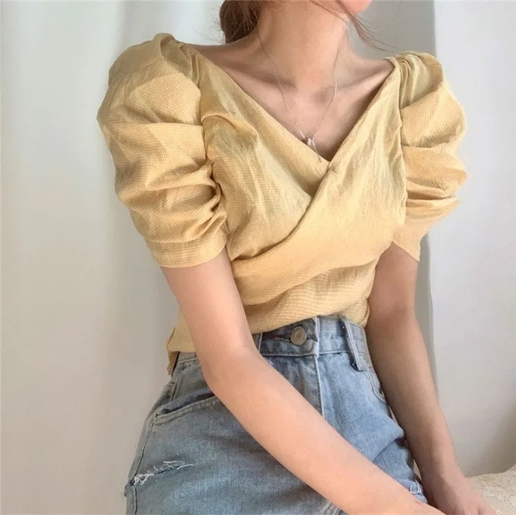 Fashion 2019 Pleated Plaid Sexy Shirt Women Short Puff Sleeve Slim Blouse Cross V-Neck Vintage Casual Mujer Top