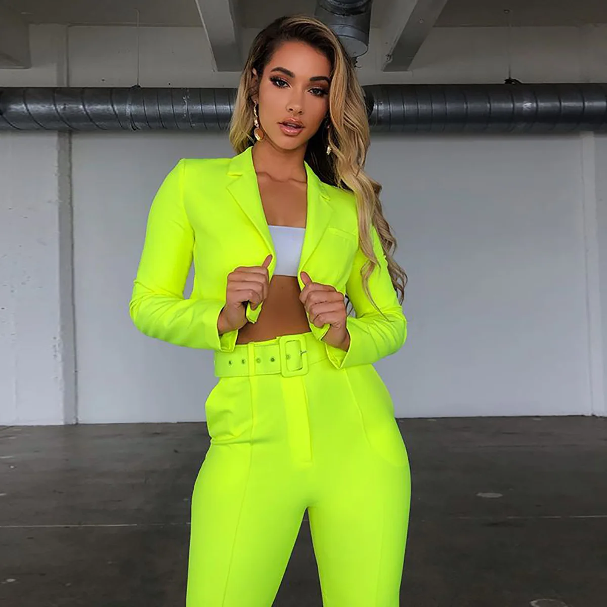 2019 Fashion Neon Yellow Women Blazer Formal OL Blazer Feminino Sexy Slim Short Girl Coat Solid Autumn Notched Women Blazer
