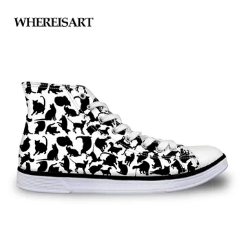 

WHEREISART Trendy Men Shoes Animals Black Cat Printing Sneakers High Top Man Casual Outdoor White Flats Shoes For School Boys