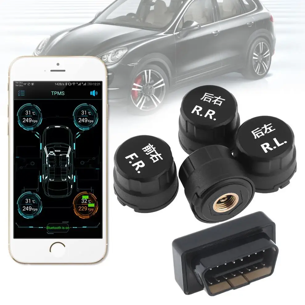 

4pcs Smart Car TPMS Bluetooth 4.0 OBD Tyre Tire Pressure Monitoring System APP Display External Sensors Support IOS Android