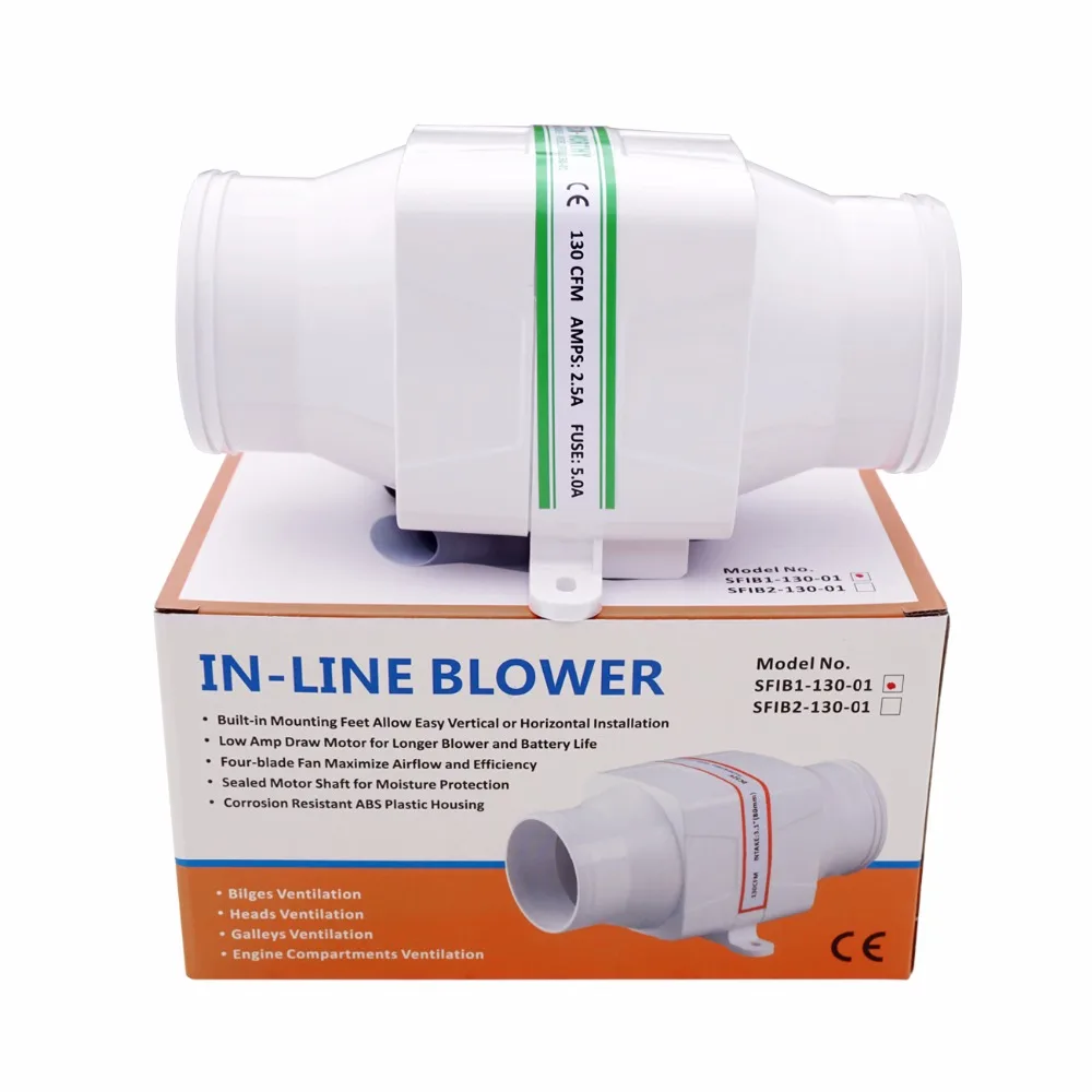 

ECO DC fan 3" In-Line Marine Bilge Air Blower 12V 2.5Amp 130 CFM Quiet Boat White 12V Marine Bilge Air Blower