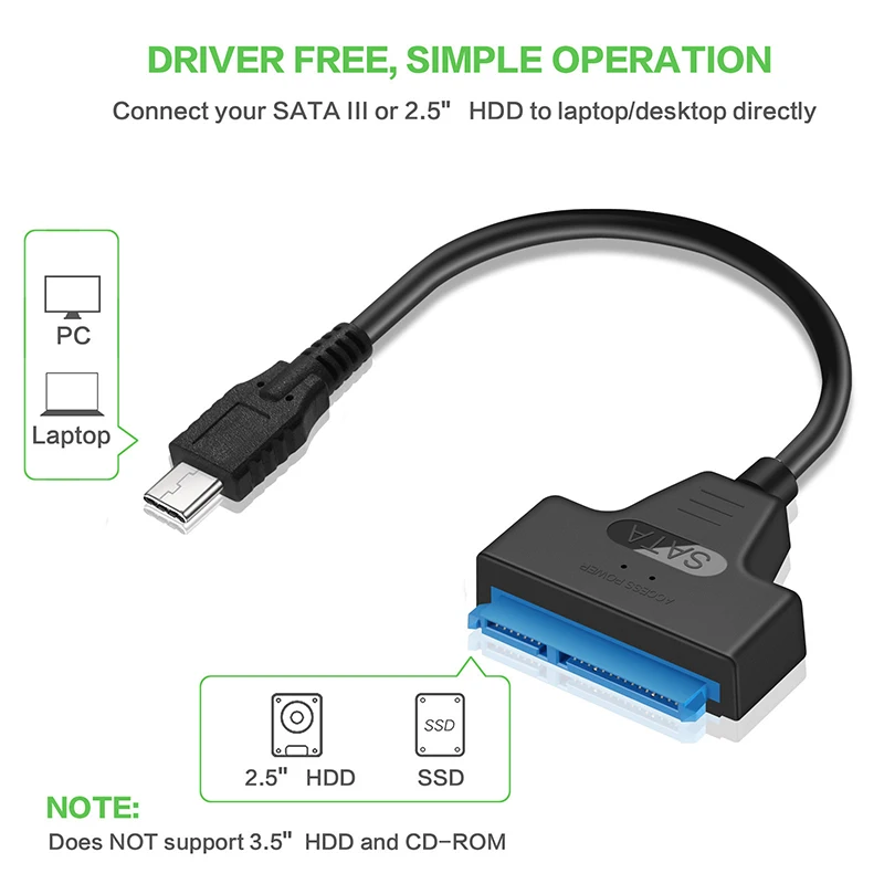 

Type-C Cable Adapter USB 3.1 Type-C to SATA 7+15pin External Hard Drive Disk Cables Converter for 2.5"HDD/SSD 23CM