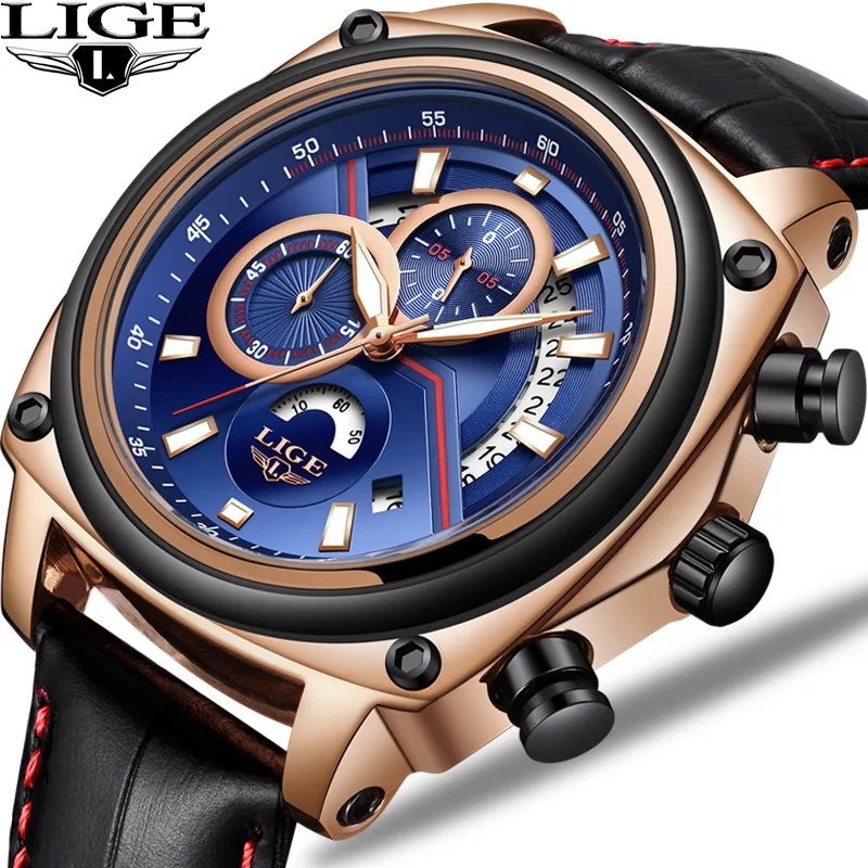 

LIGE Top Brand Unique Design New Business Luxury Men Quartz Watch Fashion Waterproof Chronograph Leather Watch Relogio Masculino