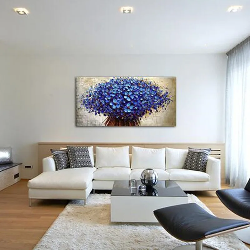 Billige Abstrakte Messer 3D Blume Bilder Wohnkultur Wandkunst Handgemalte Blumen Ölgemälde auf Leinwand Handgemachte Blaue Blumenbilder