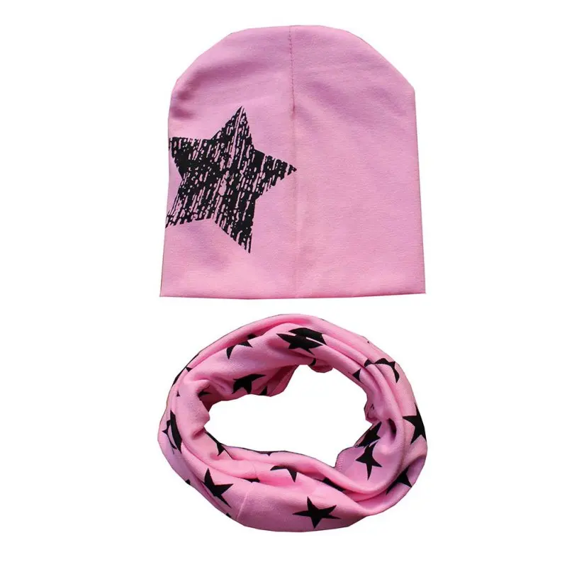 Детская шапка шарф+ шапки комплект осенний зимний хлопчатобумажный шарф-воротник теплые шапочки со звездами печать младенческой наборы шапка с шарфом аксессуары - Цвет: pink