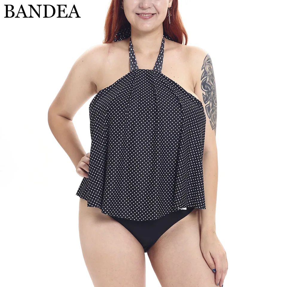 

BANDEA Plus Size Tankini Set women Swimwear Black and White Polka Dot Halter Bathing Suit Unfinished hem Mid waist Beachwear