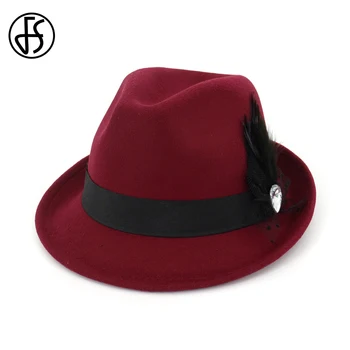 

FS 2019 Spring Red Felt Fedora For Men Cotton Vintage Wide Brim Top Church Dress Hats Women Elegant With Feather Ladies Hat