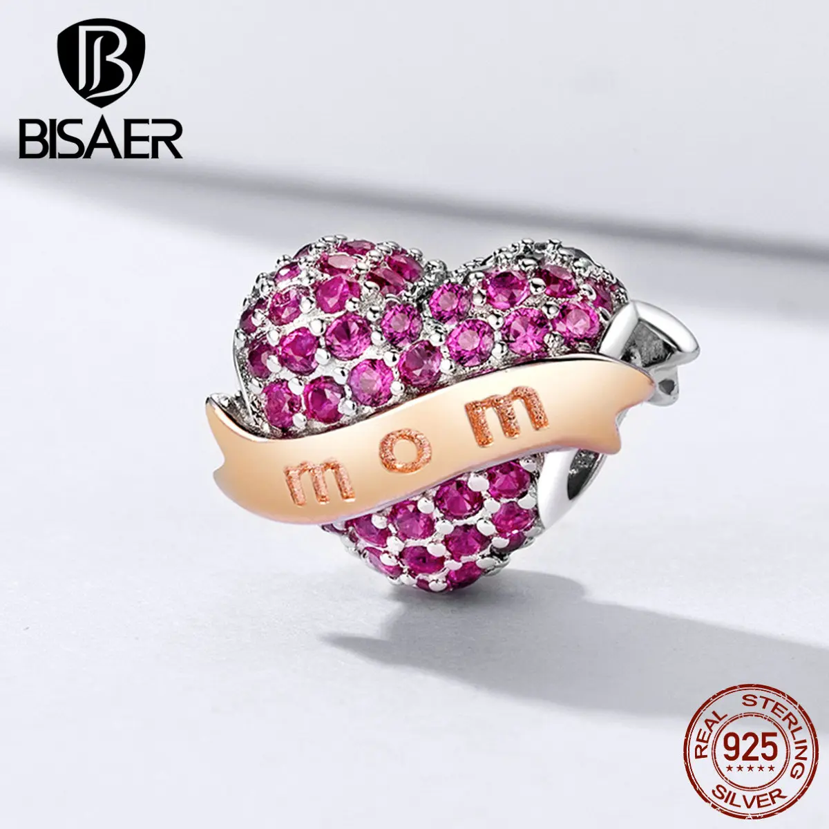 

BISAER Mother Gift 925 Sterling Silver Moms Love Heart Shape Beads Charms fit for Charm Bracelets DIY Jewelry Making ECC1174