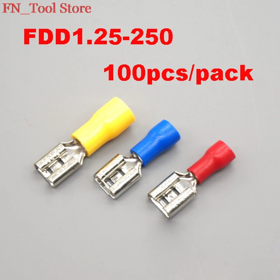 

New FDD1.25-250 100pcs/pack insulating Female Insulated Electrical Crimp Terminal Connectors Cable Wire Connector FDD