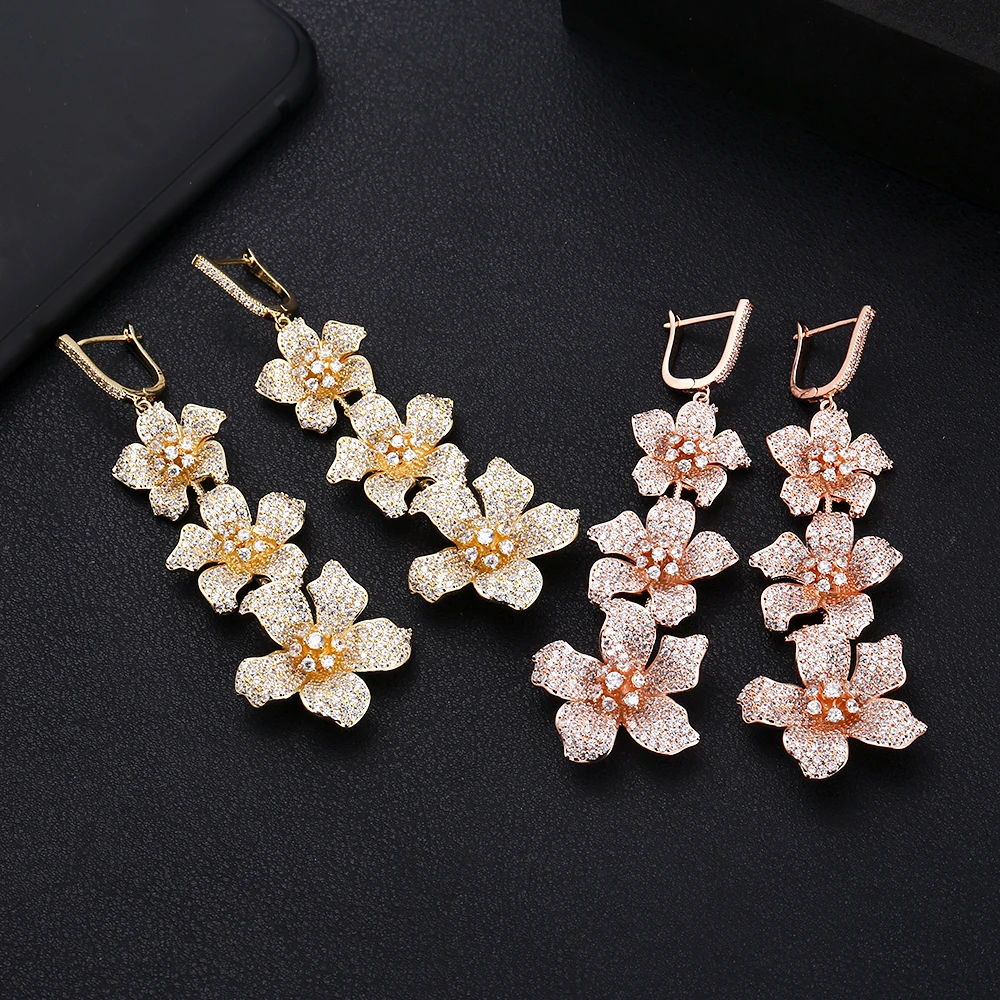 

jankellyLuxury Flowers Cubic Zircon Crystal CZ Long Dangle Earrings For Women African Bridal Earring aretes de mujer modernos